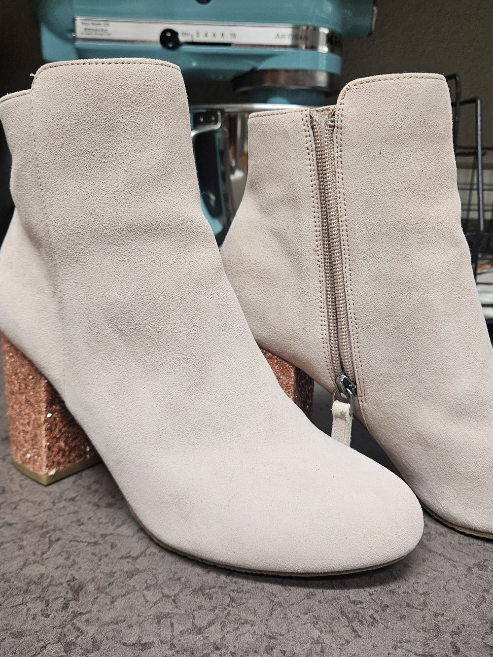 Women's Beige Suede Ankle Boots with Glitter Block Heel